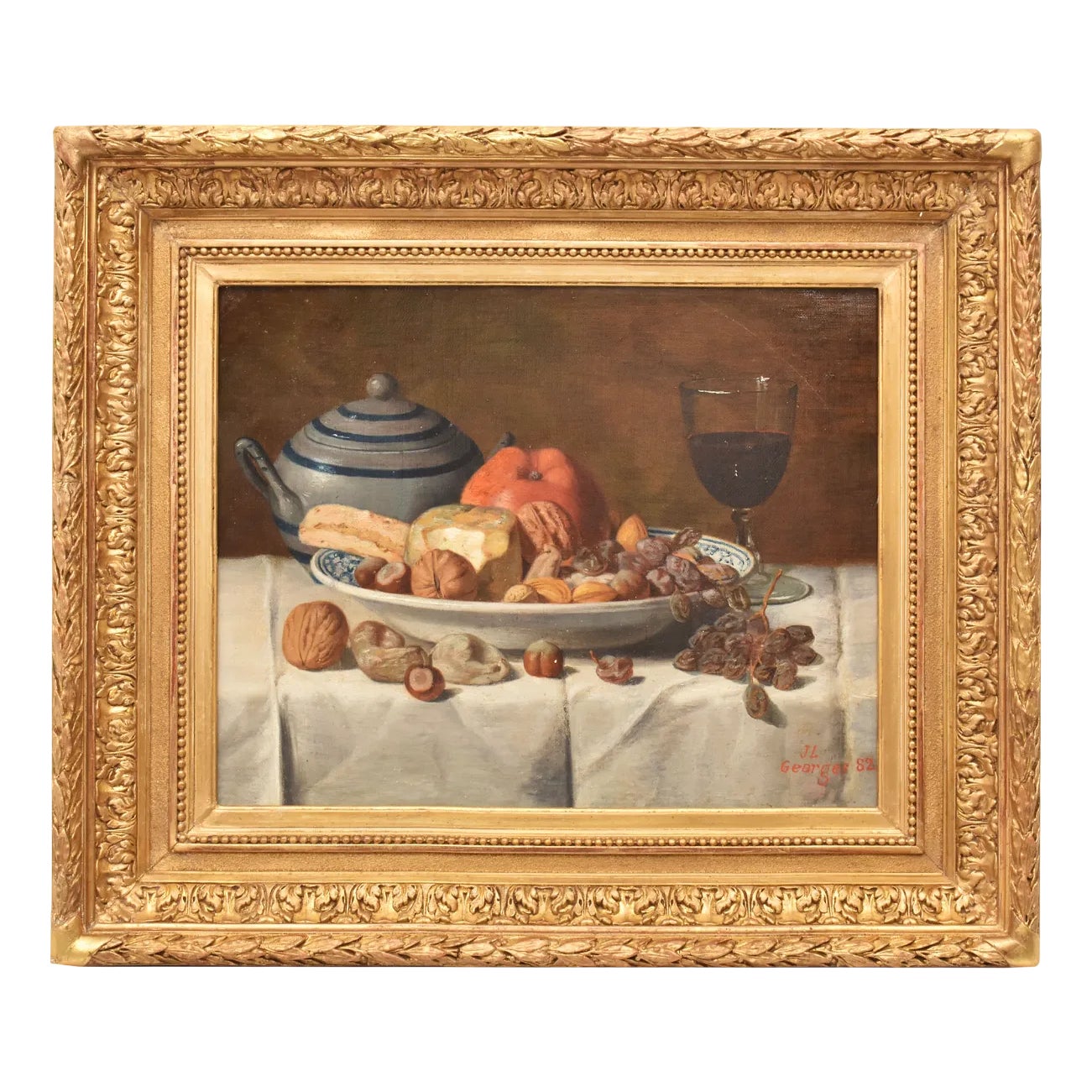 Jean-Louis Georges, Still Life with Fruit and Cheese, 1882, Oil on Canvas, Framed