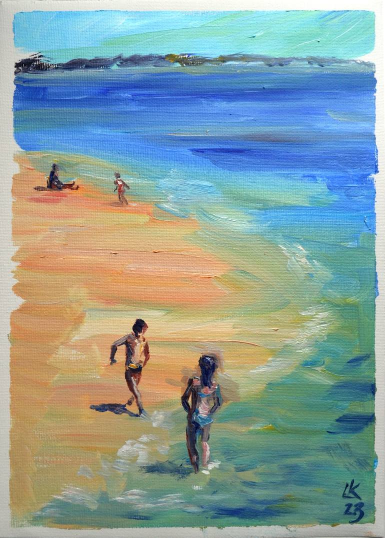 Sunny day on a beach. Coastal seascape with people resting.