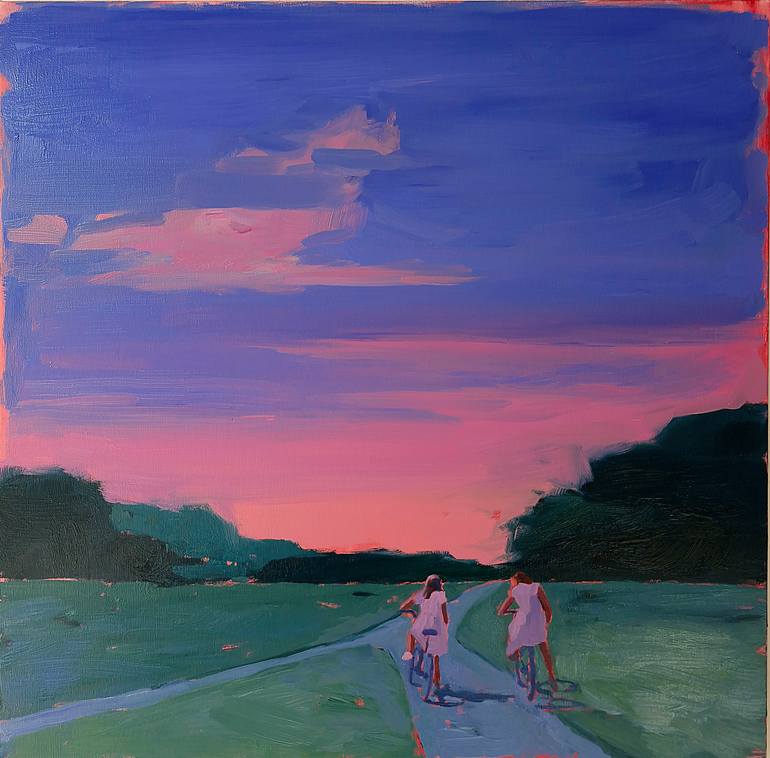 Summer evening Summer walk with bicycles oil art