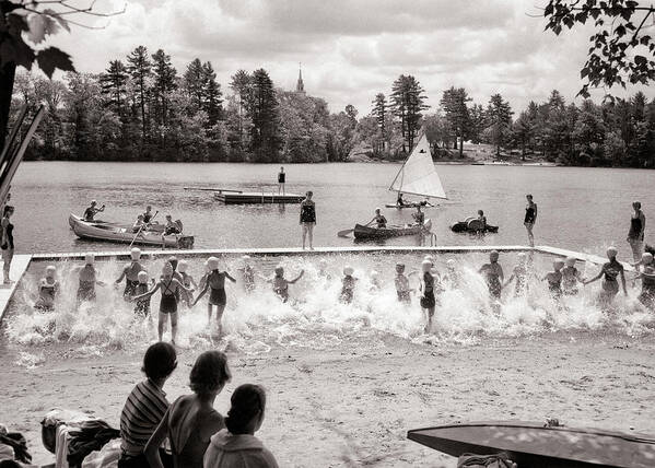 1950s 1960s Girls Running Into Lake Art Print by Vintage Images